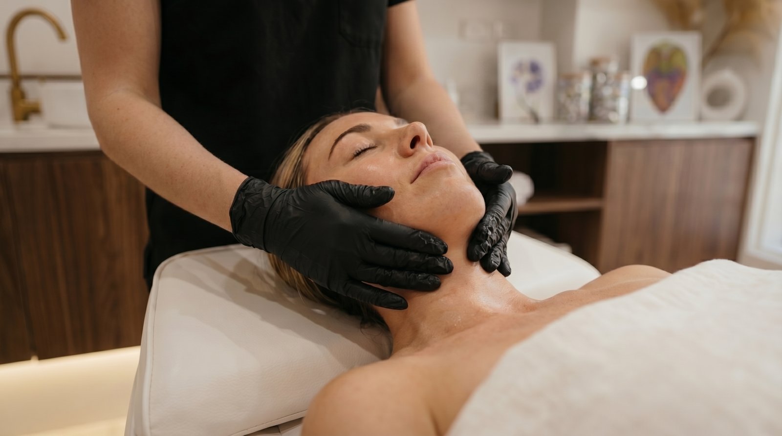 Close-up of clinical lymphatic drainage facial technique at Eternity Laser Dural